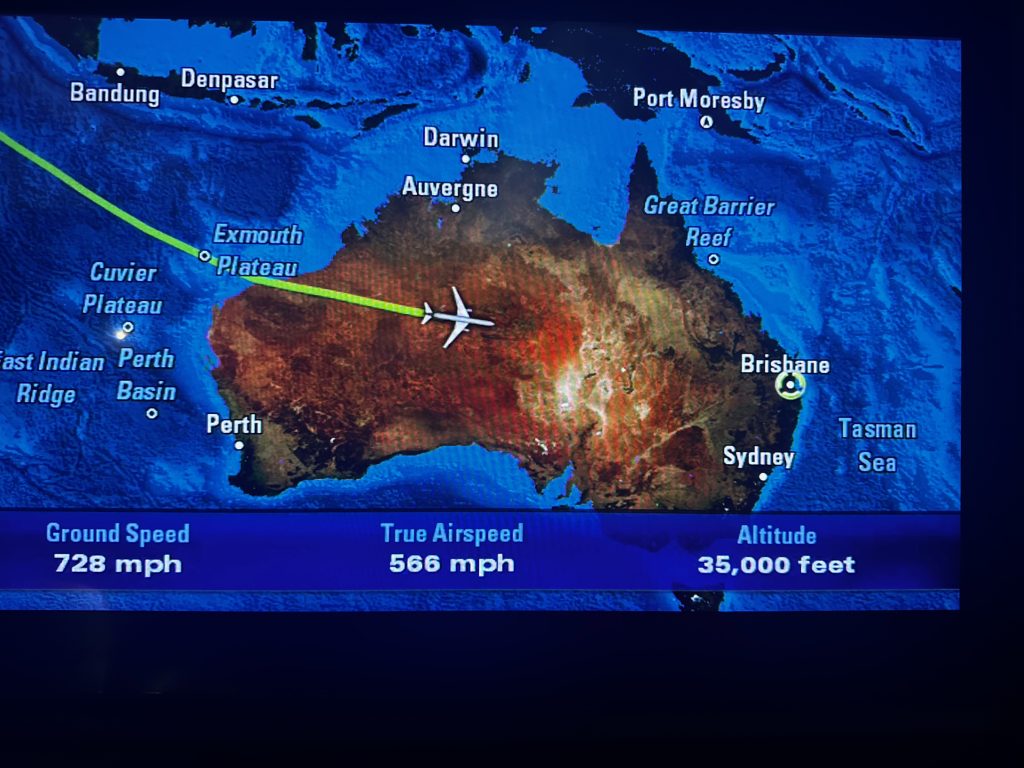 In-flight map showing Angie Abingdon approaching Brisbane during her relocation to Australia